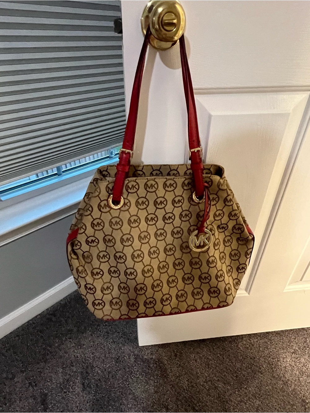 Micheal Kors Signature Tote Purse /Beige Monogram Canvas+Red Leather/Excellent
